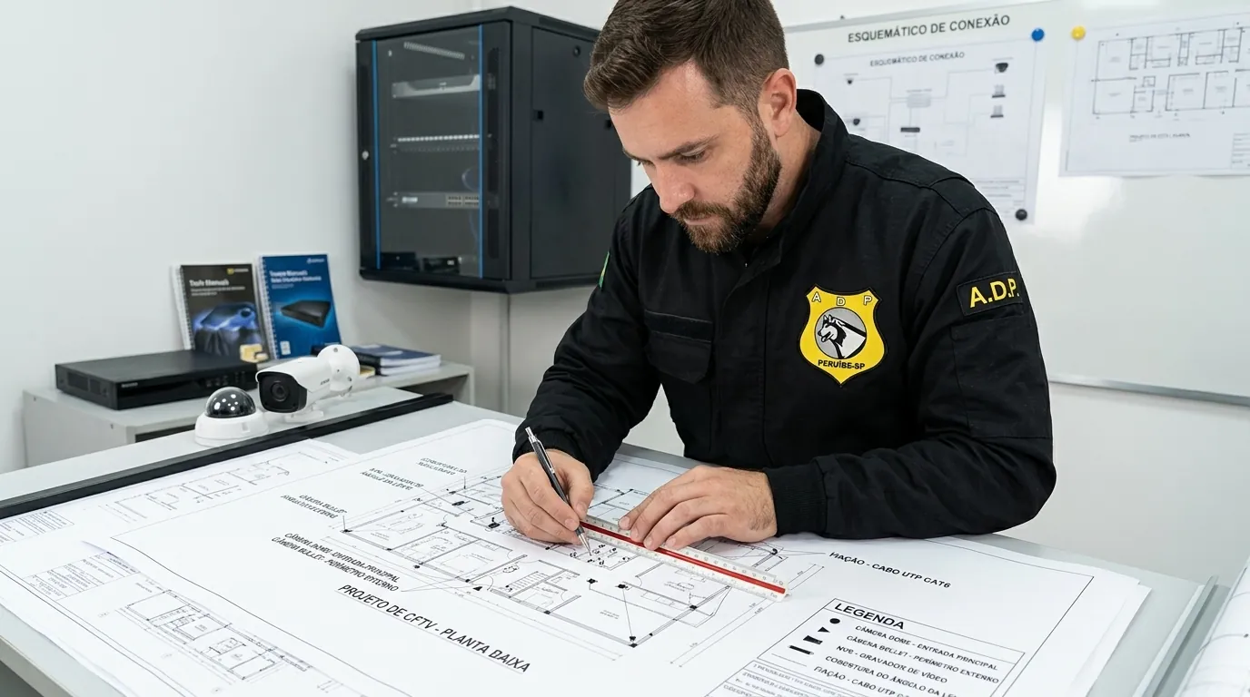 Profissional da ADP desenvolvendo o projeto técnico de segurança.